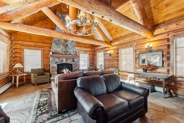188 Tip Top Trl Unit 6558, Dillon, CO 80435 - living area featuring log walls, wooden ceiling, a chandelier, plenty of natural light, and a stone fireplace