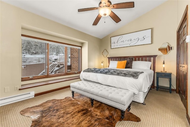 2735 Burgess Creek Rd Unit 11, Steamboat Springs, CO 80487 - carpeted bedroom with lofted ceiling, baseboard heating, baseboards, and ceiling fan