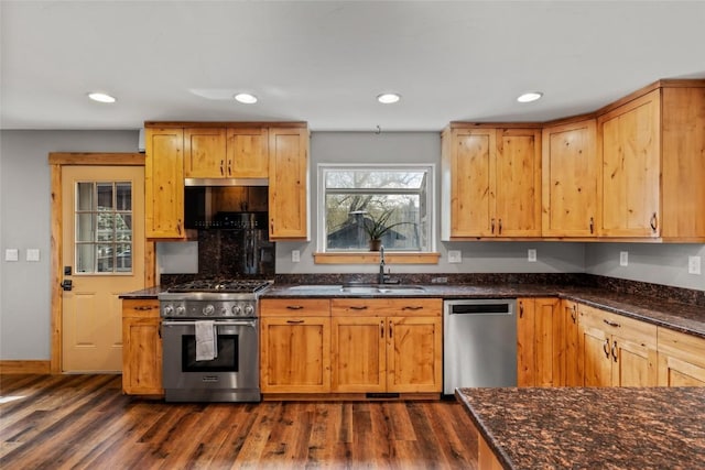 77 Lincoln St, Yampa, CO 80483 - kitchen with stainless steel appliances, a sink, dark wood finished floors, dark stone countertops, and recessed lighting