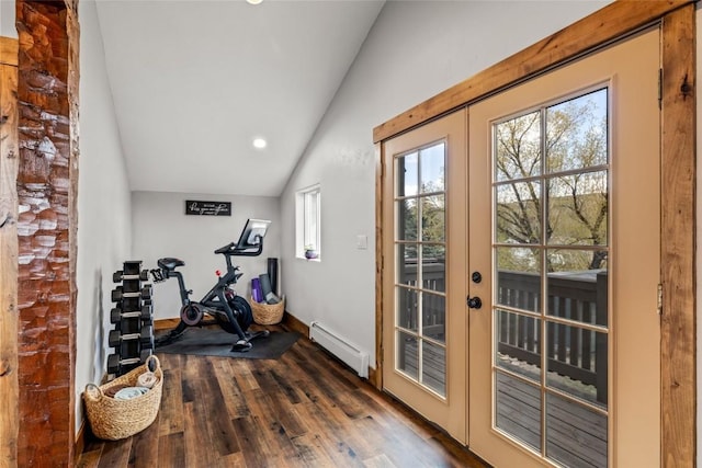 77 Lincoln St, Yampa, CO 80483 - exercise room featuring a baseboard radiator, vaulted ceiling, french doors, wood finished floors, and recessed lighting