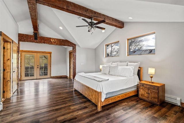 77 Lincoln St, Yampa, CO 80483 - bedroom with a baseboard heating unit, french doors, access to exterior, dark wood-type flooring, and recessed lighting