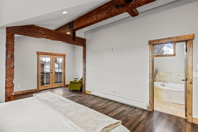 77 Lincoln St, Yampa, CO 80483 - bedroom with a baseboard radiator, multiple windows, french doors, access to outside, and beam ceiling