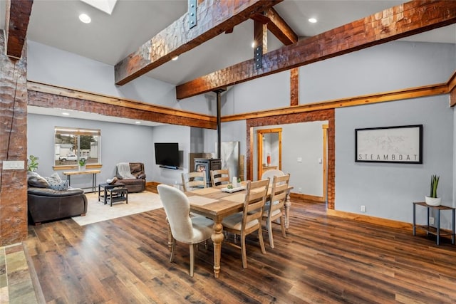 77 Lincoln St, Yampa, CO 80483 - dining space featuring wood finished floors, high vaulted ceiling, beamed ceiling, recessed lighting, and baseboards