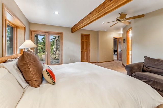 1118 Penstemon Rd, Dillon, CO 80435 - bedroom featuring access to outside, beamed ceiling, recessed lighting, light carpet, and baseboards