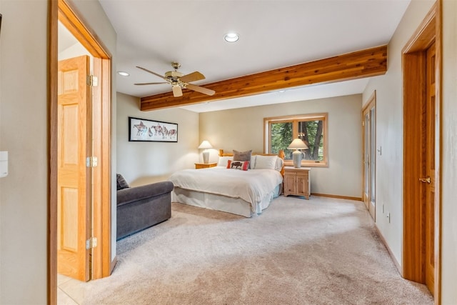 1118 Penstemon Rd, Dillon, CO 80435 - bedroom featuring beamed ceiling, light colored carpet, recessed lighting, baseboards, and ceiling fan