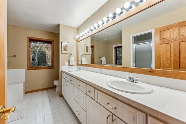 1118 Penstemon Rd, Dillon, CO 80435 - bathroom with toilet, double vanity, a shower with shower door, baseboards, and tile patterned flooring