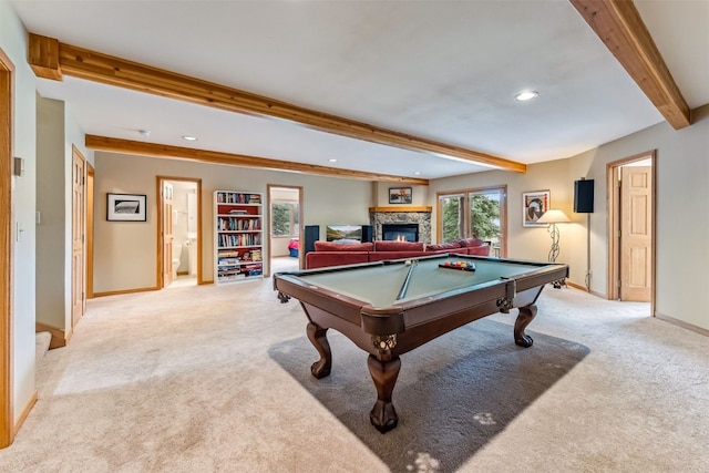 1118 Penstemon Rd, Dillon, CO 80435 - playroom featuring beamed ceiling, light colored carpet, billiards table, baseboards, and recessed lighting