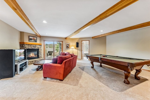 1118 Penstemon Rd, Dillon, CO 80435 - rec room with beam ceiling, carpet floors, billiards table, a stone fireplace, and recessed lighting