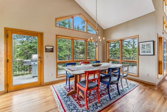 1118 Penstemon Rd, Dillon, CO 80435 - dining area with high vaulted ceiling, a chandelier, healthy amount of natural light, and light wood-type flooring