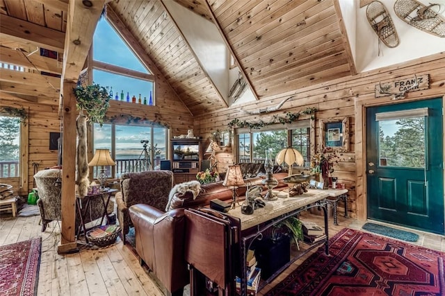 664 Tonkawa Rd, Hartsel, CO 80449 - living room with wooden walls, high vaulted ceiling, a wood ceiling with exposed beams, and hardwood / wood-style flooring