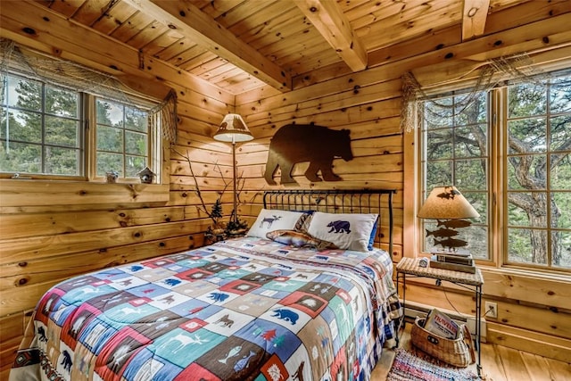 664 Tonkawa Rd, Hartsel, CO 80449 - bedroom featuring multiple windows, wood walls, and a wooden ceiling with exposed beams