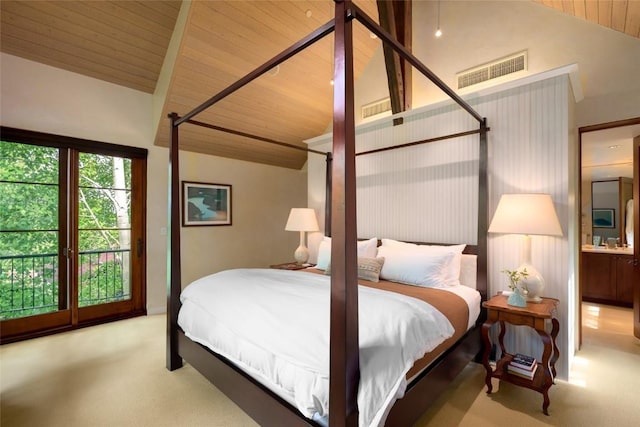 33225 Painted Pony Ln, Steamboat Springs, CO 80487 - bedroom with carpet flooring, vaulted ceiling, and wooden ceiling