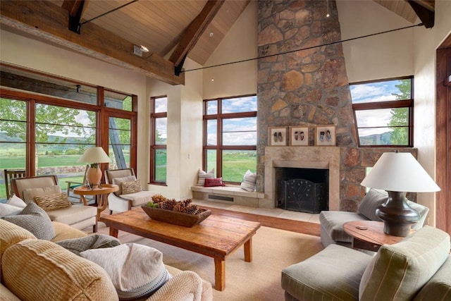 33225 Painted Pony Ln, Steamboat Springs, CO 80487 - living area featuring a fireplace, a wooden ceiling with exposed beams, high vaulted ceiling, plenty of natural light, and wood finished floors