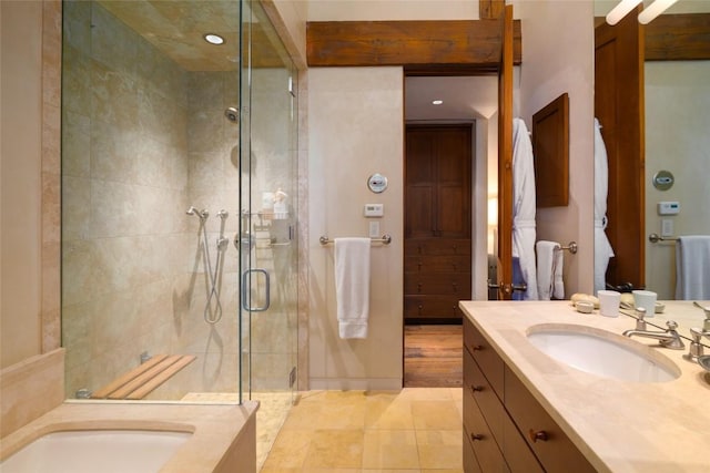 33225 Painted Pony Ln, Steamboat Springs, CO 80487 - bathroom featuring a shower stall, a bath, vanity, recessed lighting, and tile patterned flooring