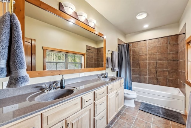 200 Rachel Ln, Breckenridge, CO 80424 - bathroom with toilet, tile patterned floors, double vanity, and shower / bathtub combination with curtain