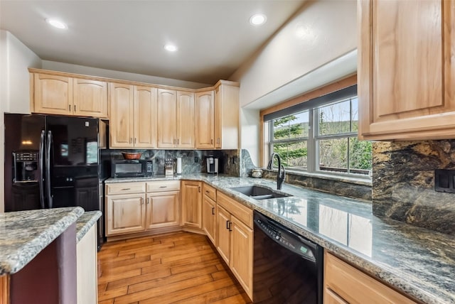 200 Rachel Ln, Breckenridge, CO 80424 - kitchen with black appliances, light brown cabinets, a sink, light wood-type flooring, and recessed lighting