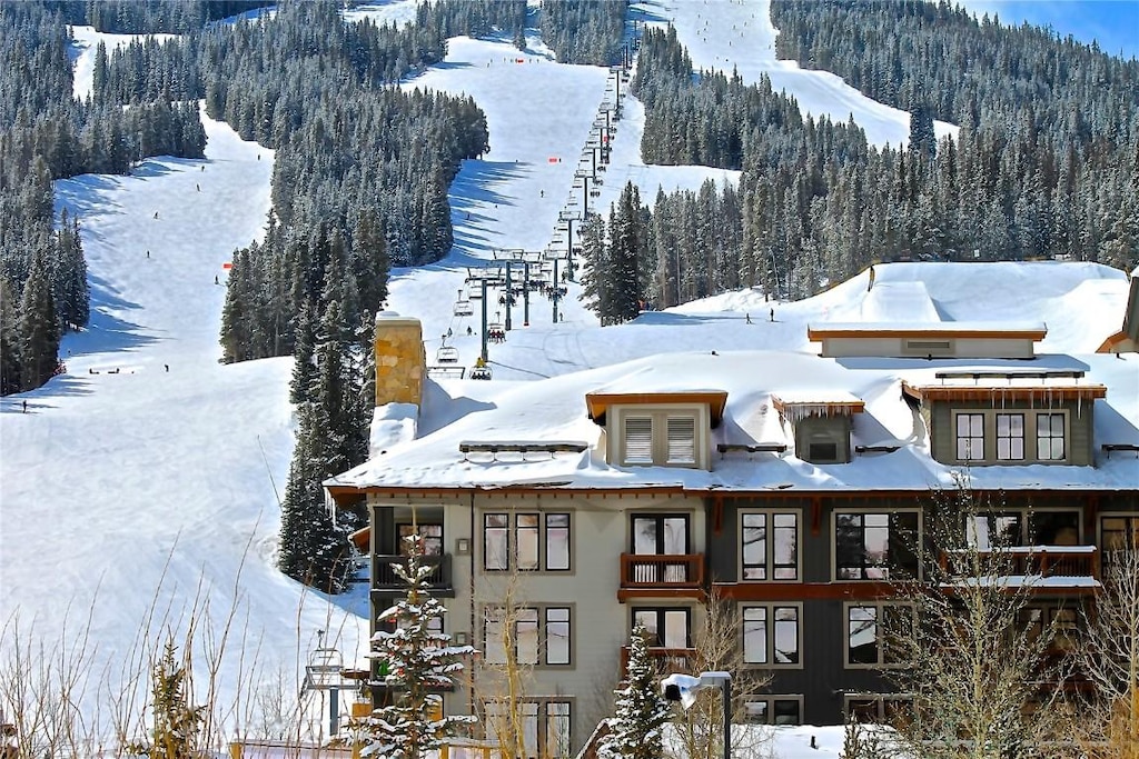 view of snow covered building