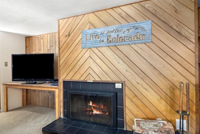 room details with carpet floors, wood walls, and a fireplace