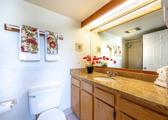 full bathroom with visible vents, a shower, toilet, and vanity