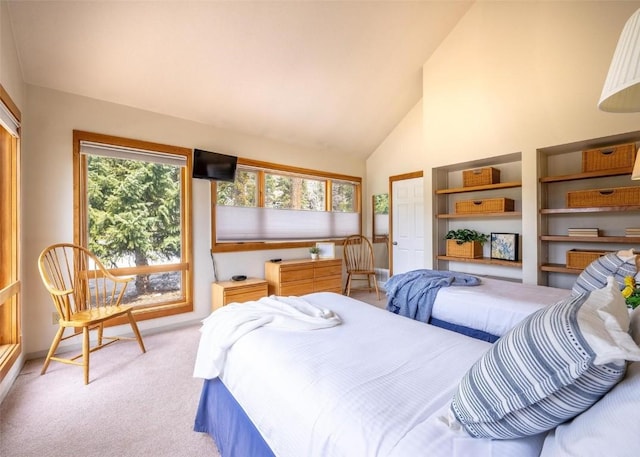 carpeted bedroom with high vaulted ceiling