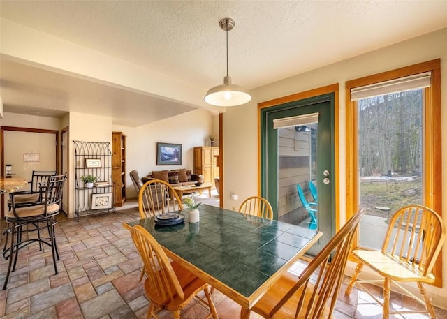 dining space featuring stone finish floor and a textured ceiling