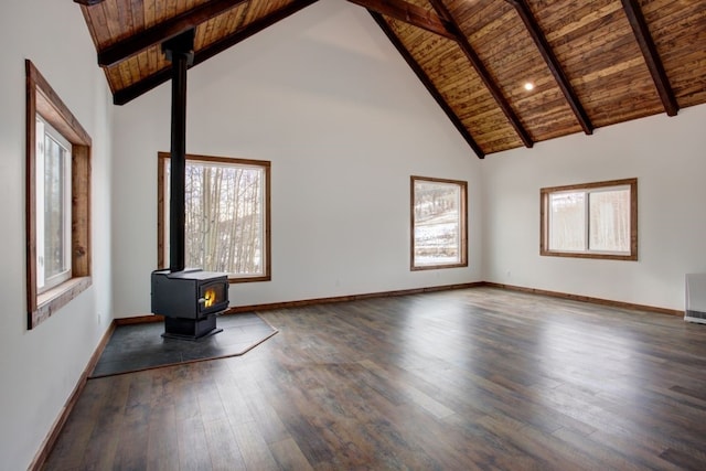 unfurnished living room featuring beamed ceiling, wood finished floors, wooden ceiling, high vaulted ceiling, and a wood stove