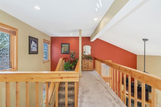 hallway featuring carpet floors, recessed lighting, and vaulted ceiling with beams