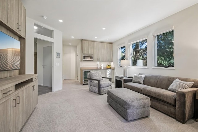 405 Creekside Dr, Frisco, CO 80443 - living area with light colored carpet, beverage cooler, and recessed lighting