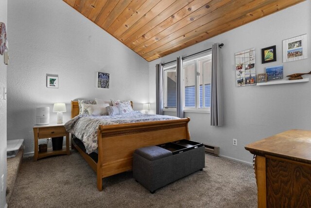 2146 Aster Pl Unit 3, Steamboat Springs, CO 80487 - bedroom featuring vaulted ceiling, wooden ceiling, carpet floors, baseboard heating, and baseboards
