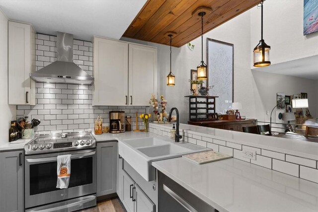 2146 Aster Pl Unit 3, Steamboat Springs, CO 80487 - kitchen featuring appliances with stainless steel finishes, wall chimney range hood, a sink, tasteful backsplash, and light countertops