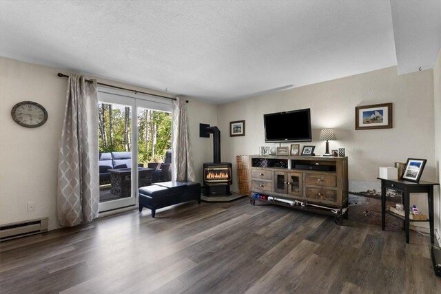 2146 Aster Pl Unit 3, Steamboat Springs, CO 80487 - living area with a wood stove, wood finished floors, baseboard heating, and a textured ceiling