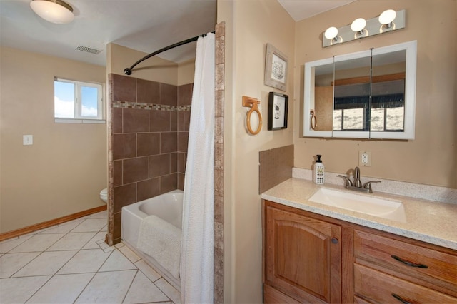 bathroom with vanity, shower / tub combo, toilet, tile patterned flooring, and visible vents