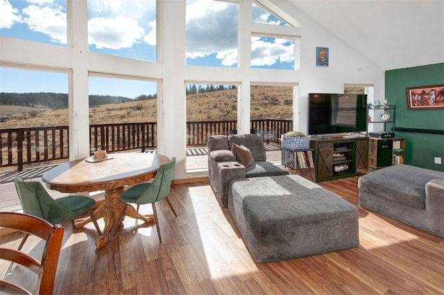 living room with high vaulted ceiling, a wealth of natural light, and wood finished floors