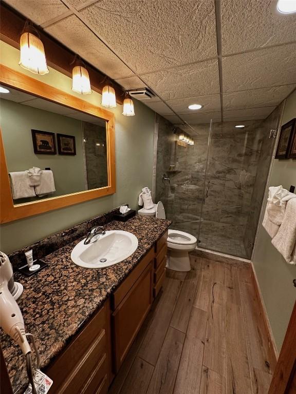 601 Village Rd # 501, Breckenridge, CO 80424 - bathroom with wood finished floors, visible vents, toilet, vanity, and a stall shower