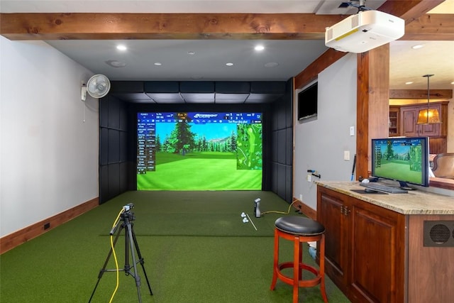 34505 Golden Eagle Dr, Steamboat Springs, CO 80487 - rec room with baseboards, golf simulator, carpet floors, and recessed lighting