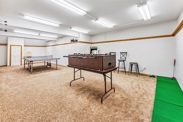 recreation room with carpet flooring