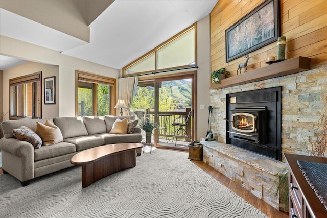1675 Ranch Rd Unit 410, Steamboat Springs, CO 80487 - living room with wood finished floors, high vaulted ceiling, and a glass covered fireplace