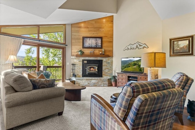 1675 Ranch Rd Unit 410, Steamboat Springs, CO 80487 - living room featuring high vaulted ceiling and a fireplace