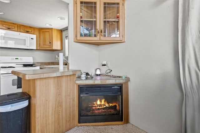 bar with a glass covered fireplace, a sink, and white appliances