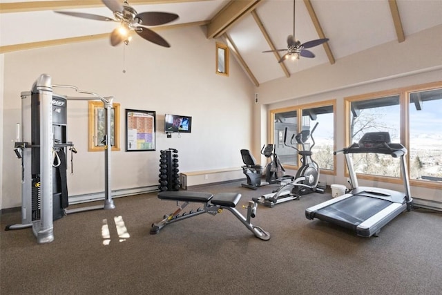 2626 Longthong Rd Unit 203, Steamboat Springs, CO 80487 - exercise room featuring ceiling fan, baseboard heating, and high vaulted ceiling