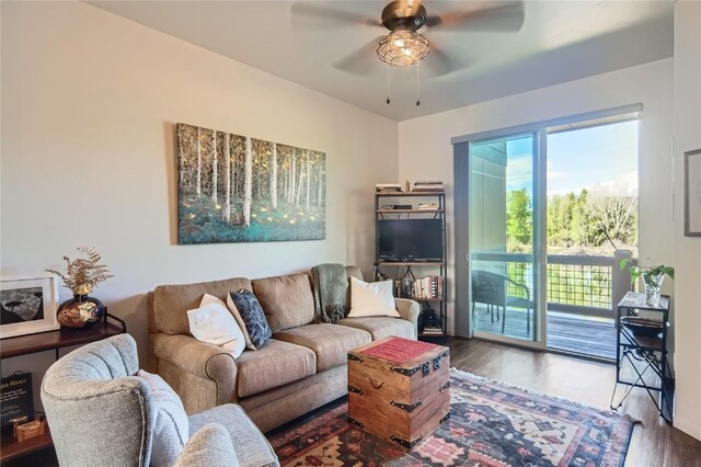 835 Weiss Cir Unit 2, Steamboat Springs, CO 80487 - living area featuring a ceiling fan and wood finished floors