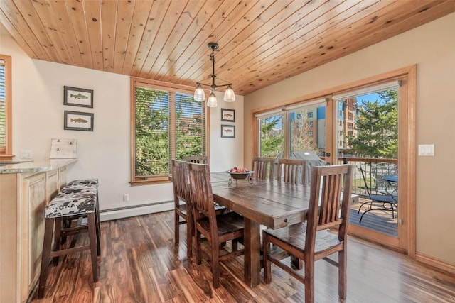 dining room featuring a notable chandelier, baseboard heating, baseboards, dark wood-type flooring, and wood ceiling