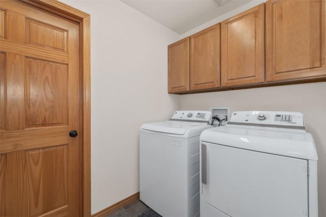 laundry room with baseboards, washer and clothes dryer, and cabinet space
