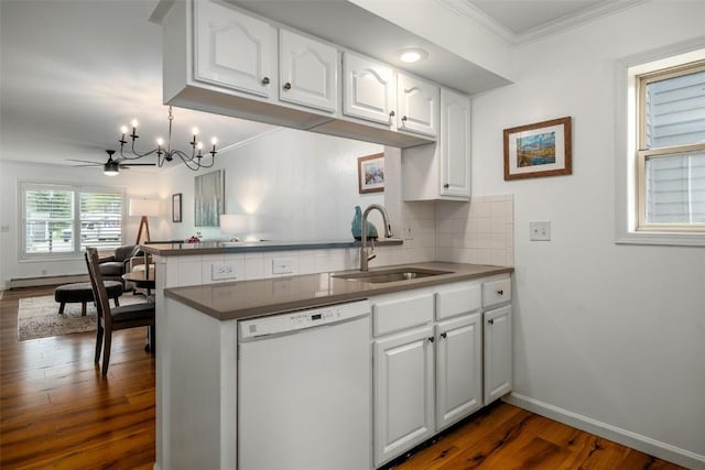 3100 Chinook Ln Unit 6, Steamboat Springs, CO 80487 - kitchen featuring white dishwasher, a sink, ornamental molding, white cabinets, and a peninsula