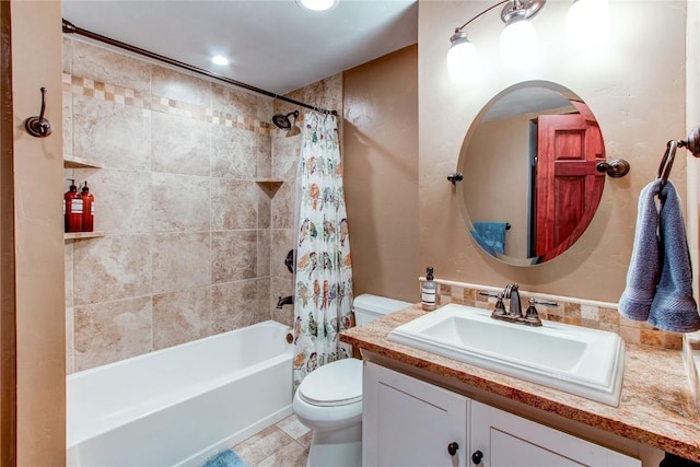 bathroom featuring shower / tub combo, vanity, recessed lighting, and toilet