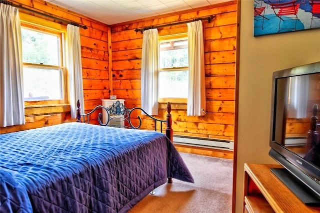 446 Chief Trl, Como, CO 80432 - carpeted bedroom featuring baseboard heating, multiple windows, and wood walls