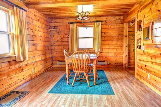 446 Chief Trl, Como, CO 80432 - dining space with wood ceiling, a chandelier, wood finished floors, wood walls, and a baseboard radiator