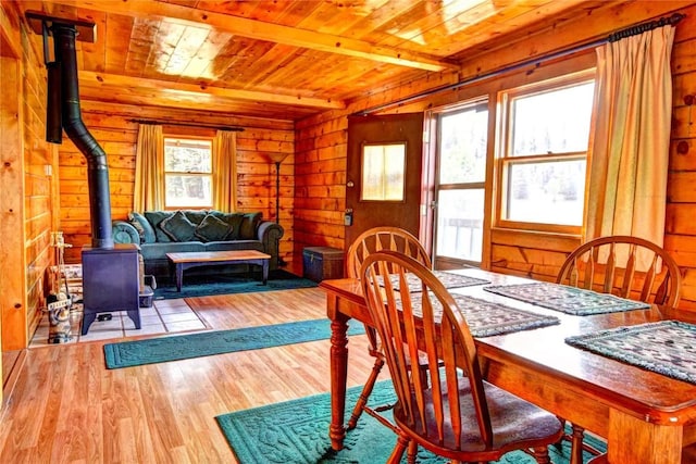 446 Chief Trl, Como, CO 80432 - dining room with wooden ceiling with exposed beams, wood finished floors, wood walls, and a wood stove
