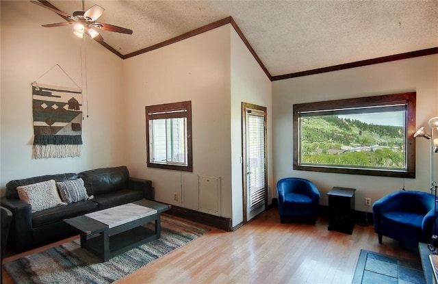 350 Old Fish Creek Falls Rd Unit 350, Steamboat Springs, CO 80487 - living area with lofted ceiling, crown molding, wood finished floors, ceiling fan, and a textured ceiling