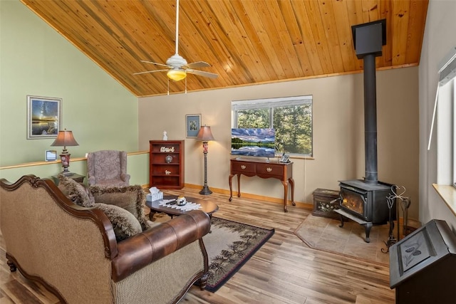 36 Gitche Goone Ln, Como, CO 80432 - living room featuring a wood stove, lofted ceiling, wooden ceiling, wood finished floors, and ceiling fan